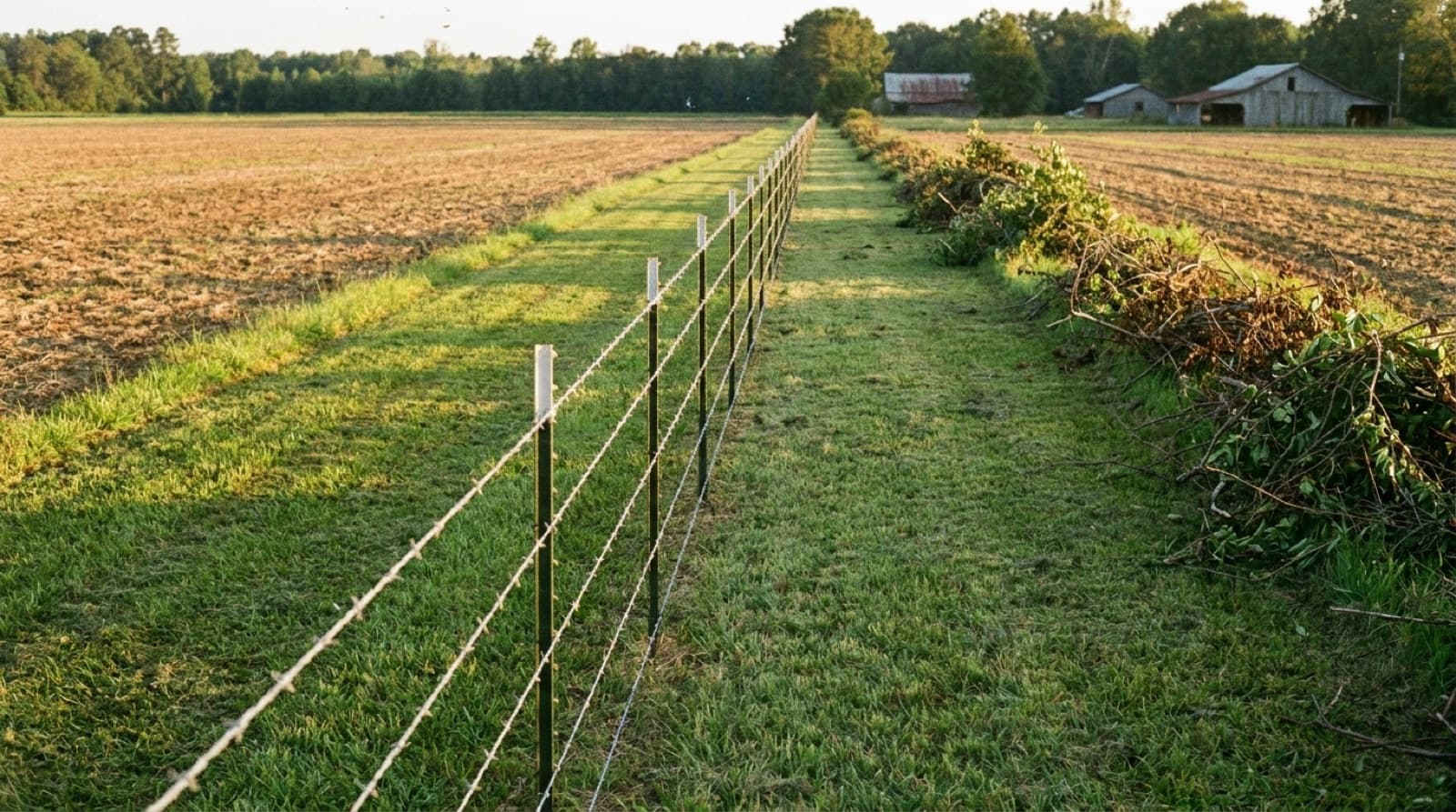 Cleared fence line corridor with brush and vines removed on a North Alabama farm property