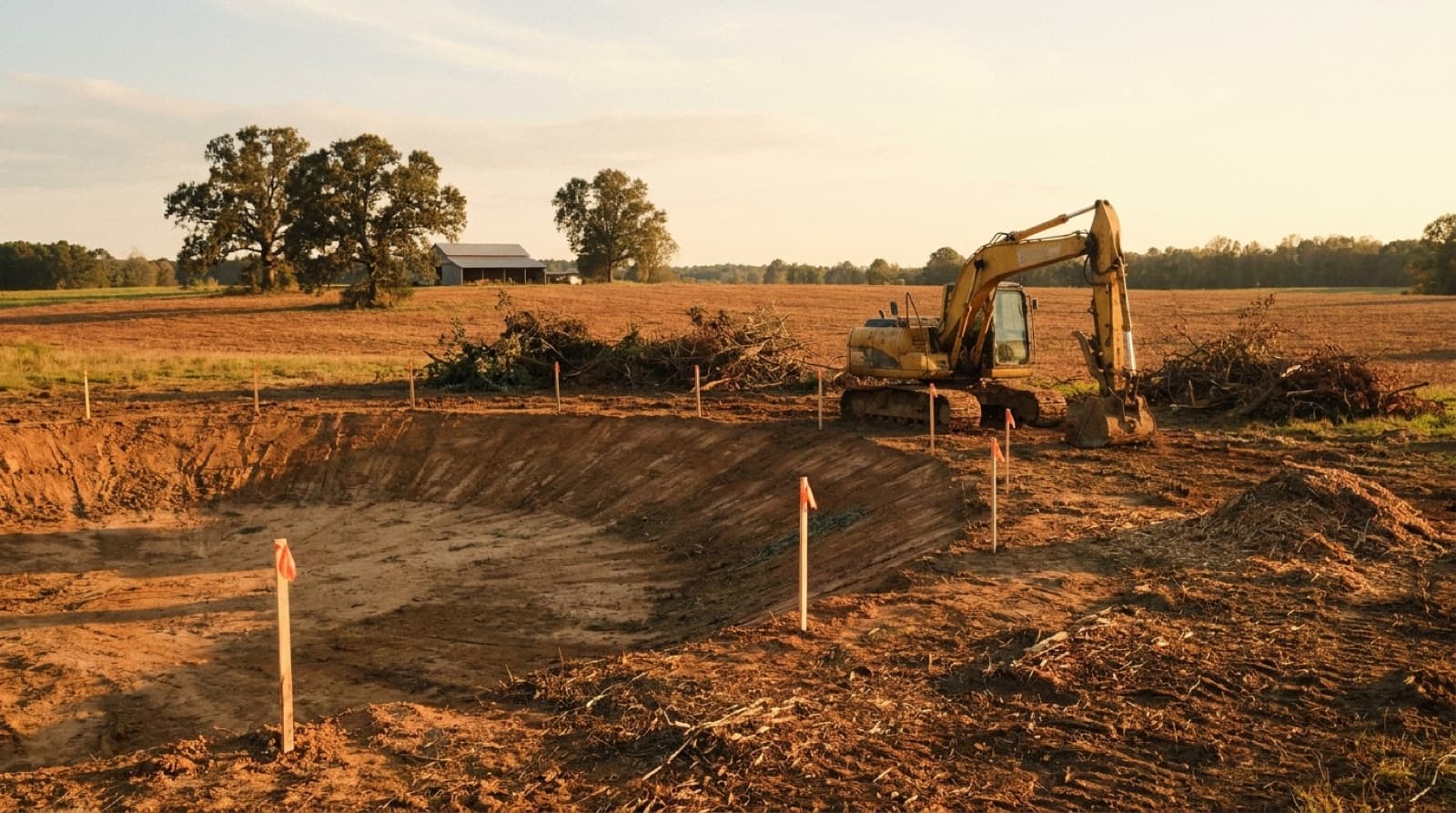 Cleared pond site footprint with equipment access on rural North Alabama acreage