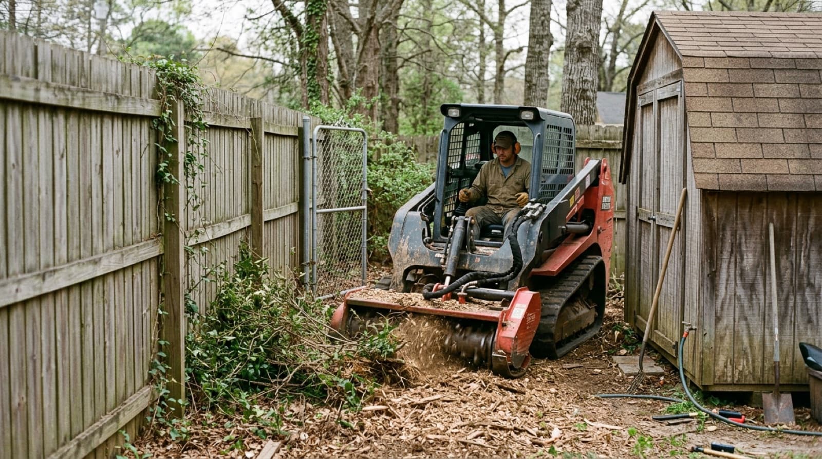 Skid steer with mulching head clearing brush on a tight residential lot in Huntsville, AL