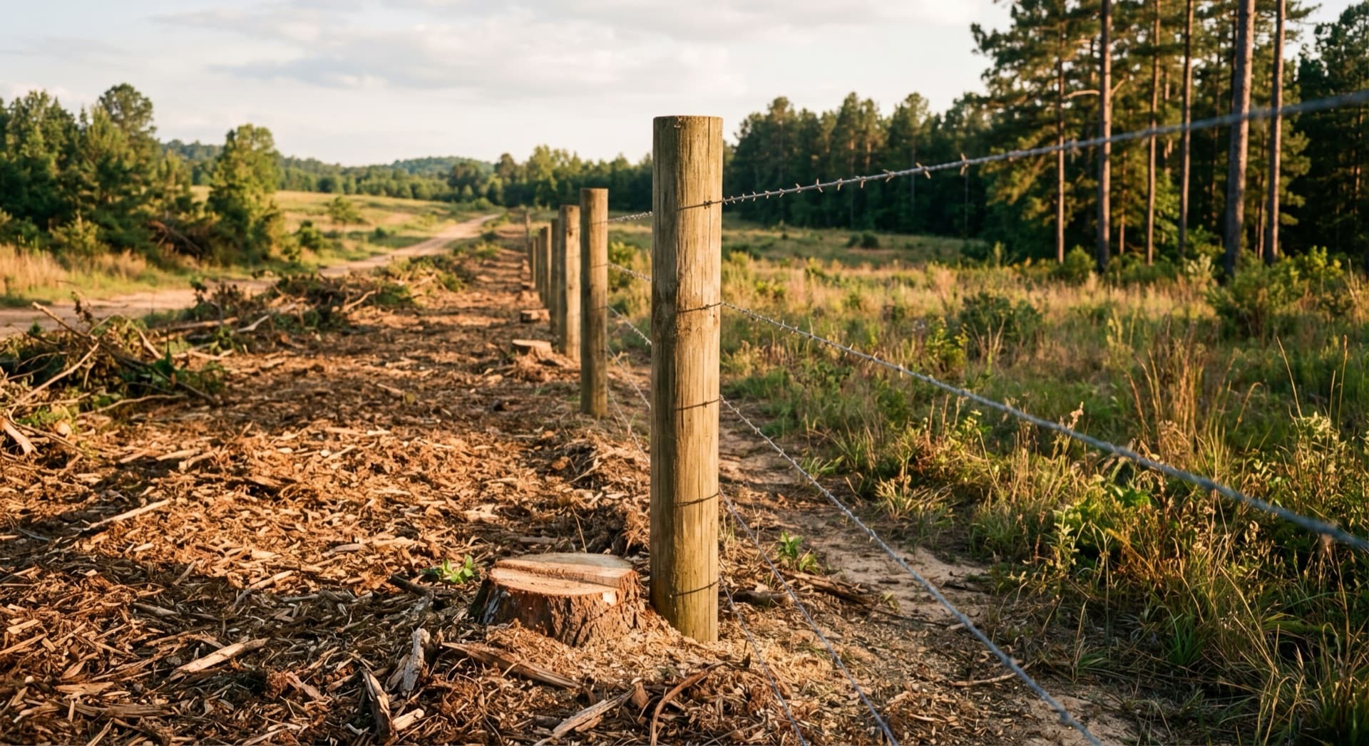 Fence line in Alabama cleared of brush and overgrowth