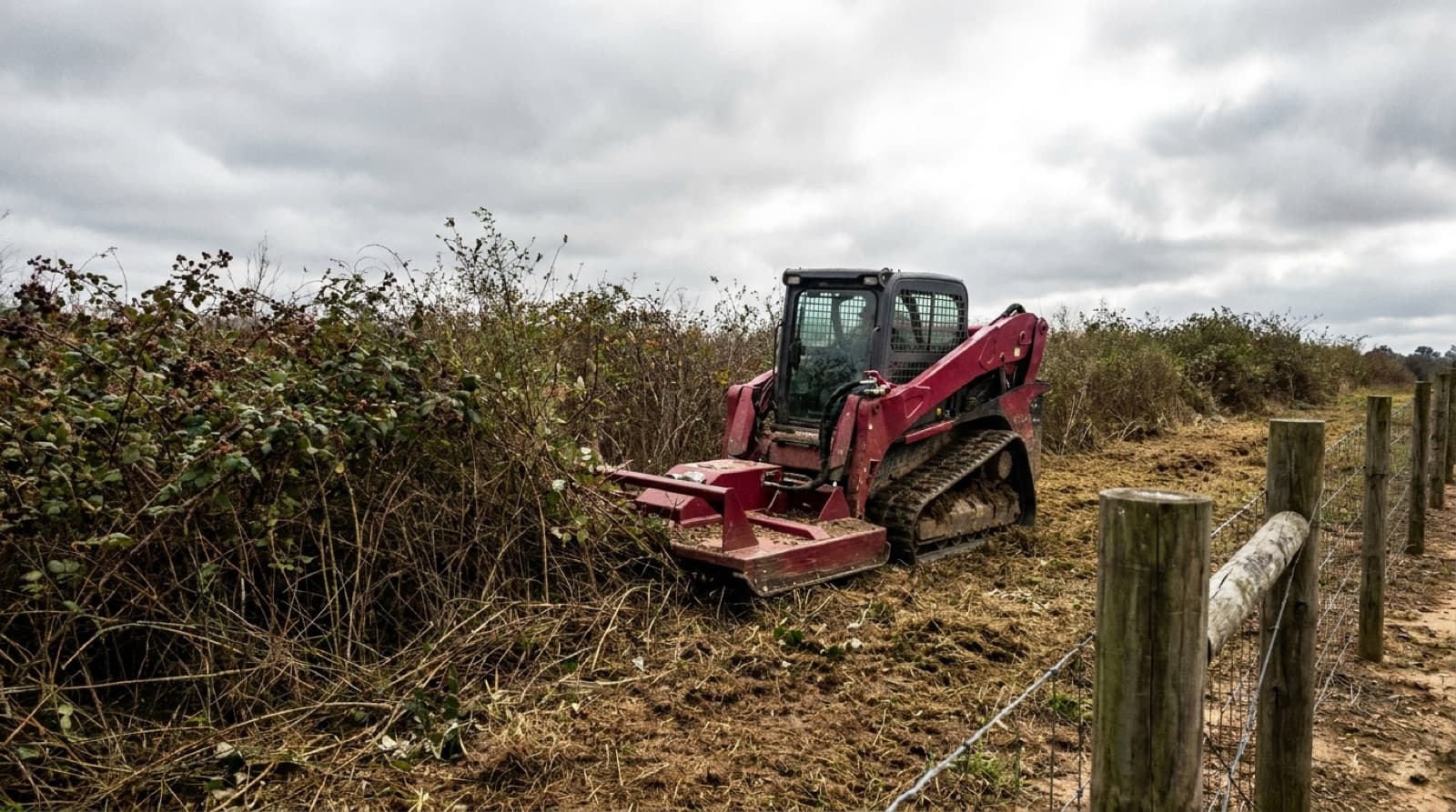 Skid steer clearing dense brush and undergrowth on an overgrown Huntsville, AL property