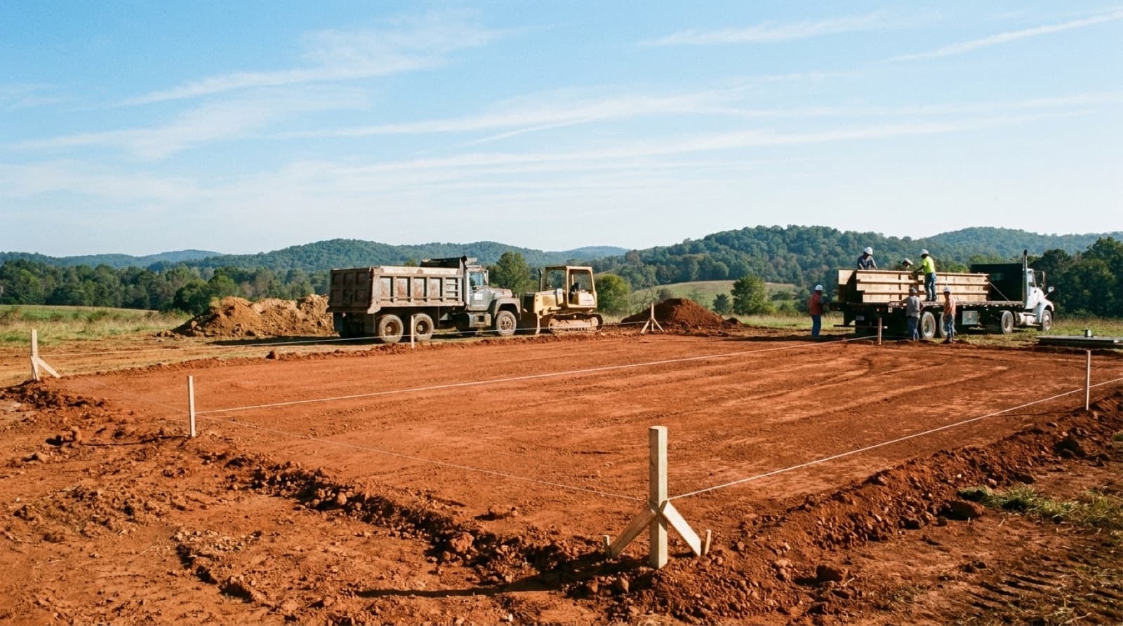 Excavator preparing a construction building pad on a cleared site in Huntsville, AL