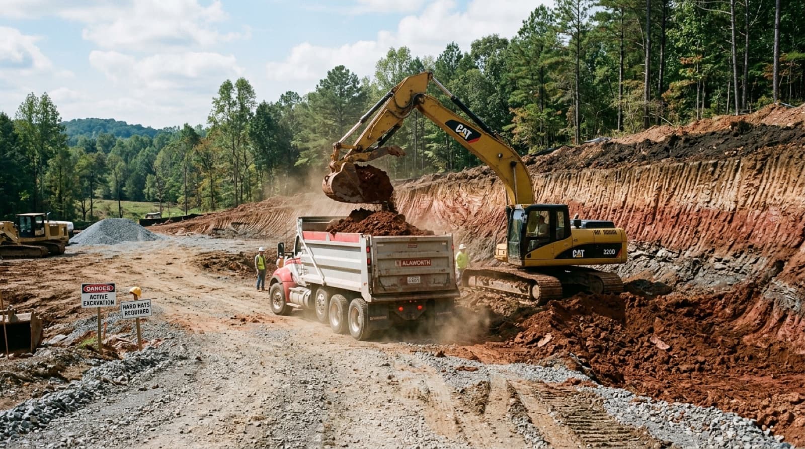 Excavator moving earth during dirt work and excavation on a Huntsville, AL site