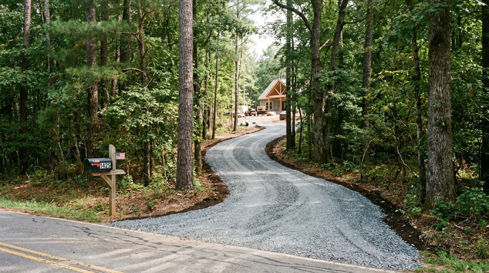 Cleared and rough-graded driveway corridor through woods on Huntsville, AL acreage