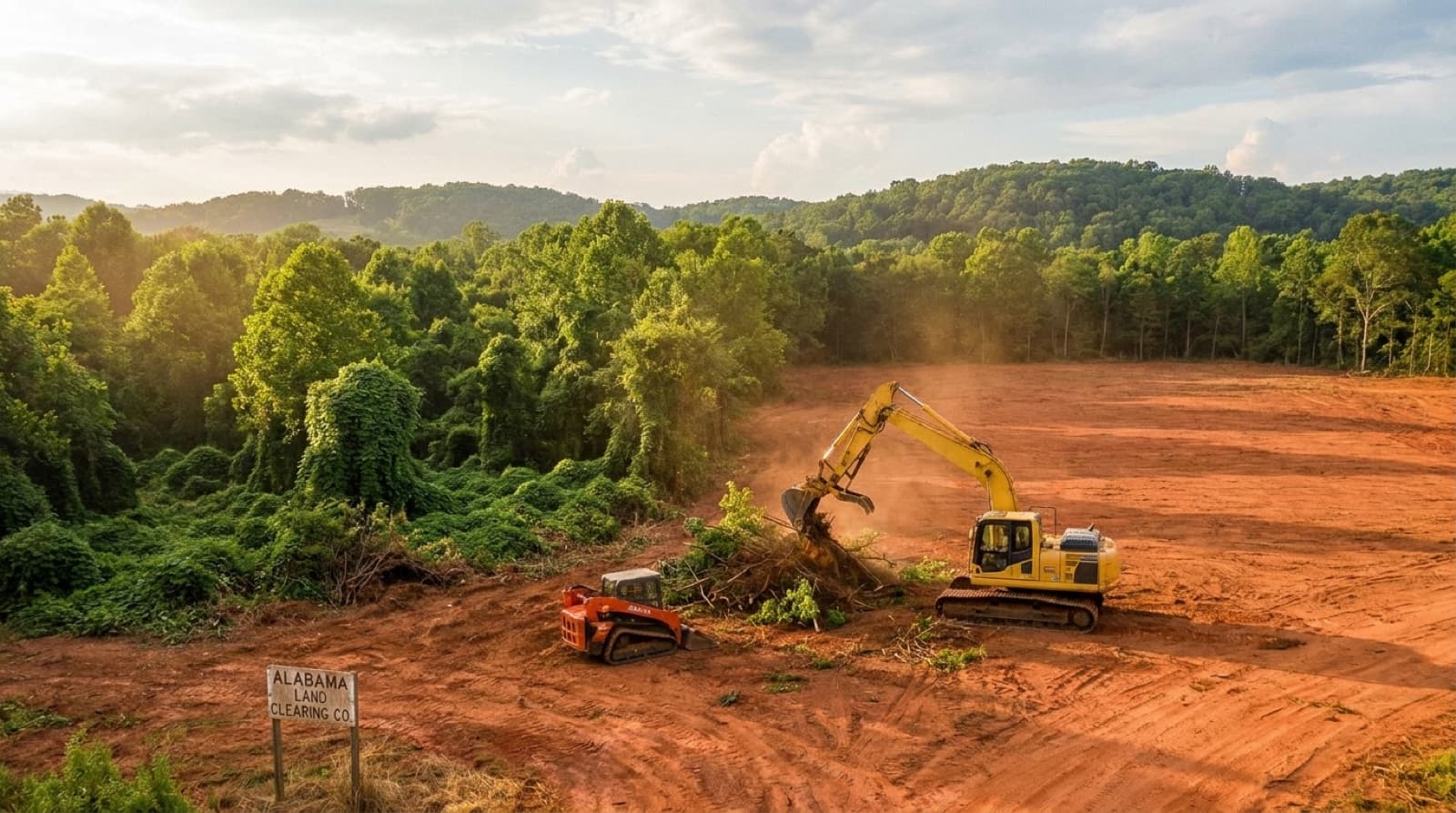 Skid steer clearing dense brush during a land clearing project in Huntsville, AL