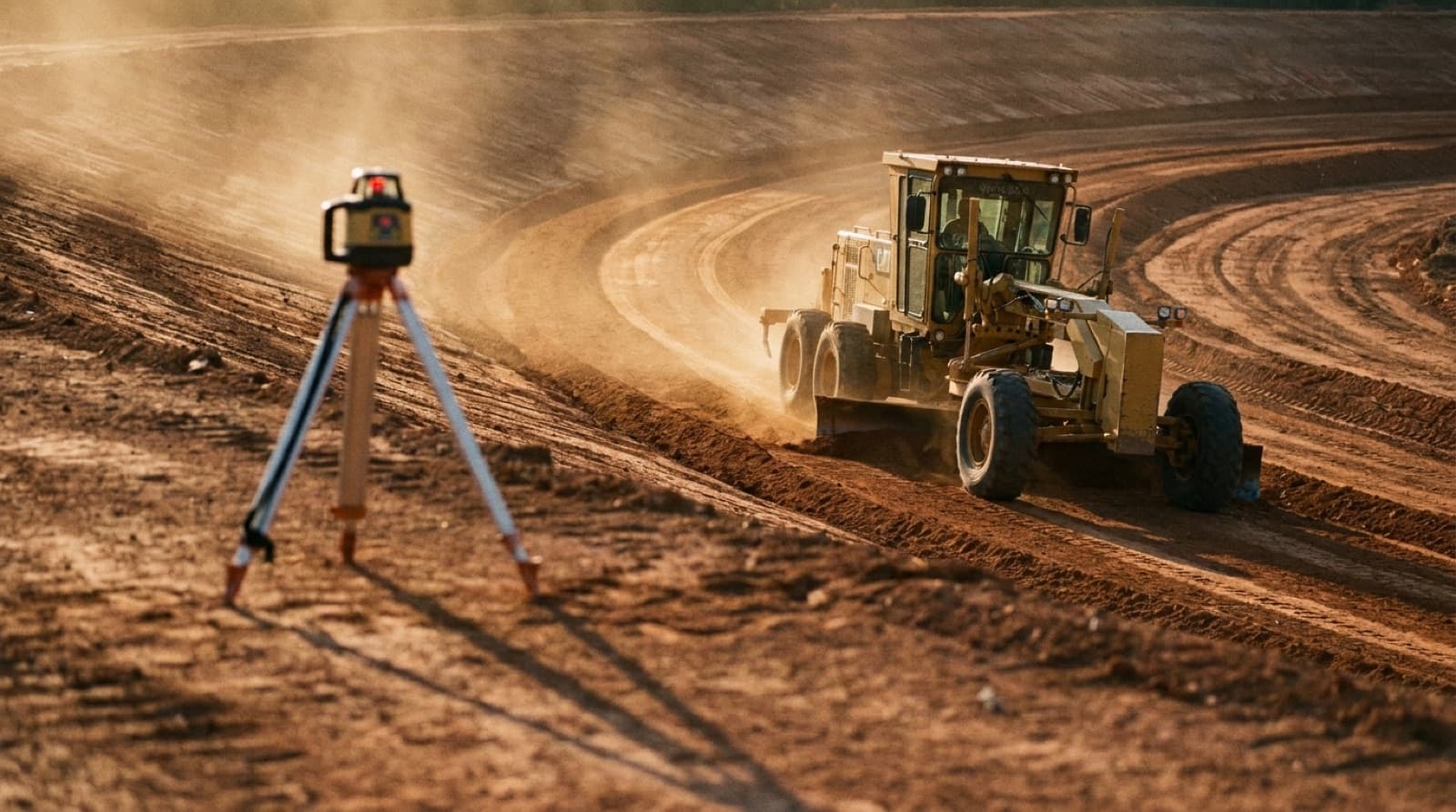 Grading machine leveling red clay soil on a residential lot in Huntsville, AL