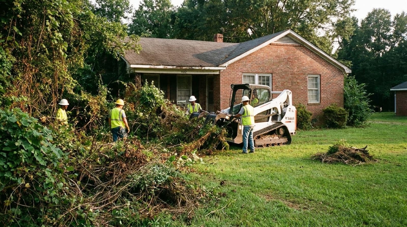 Overgrown Huntsville, AL property being cleared of dense brush and vines during cleanup