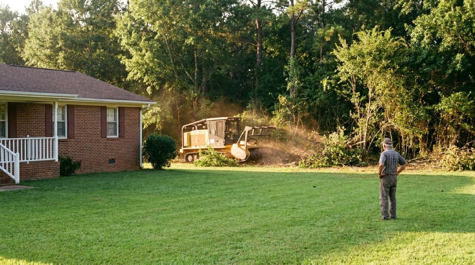 Residential land clearing crew reclaiming an overgrown backyard in Huntsville, AL