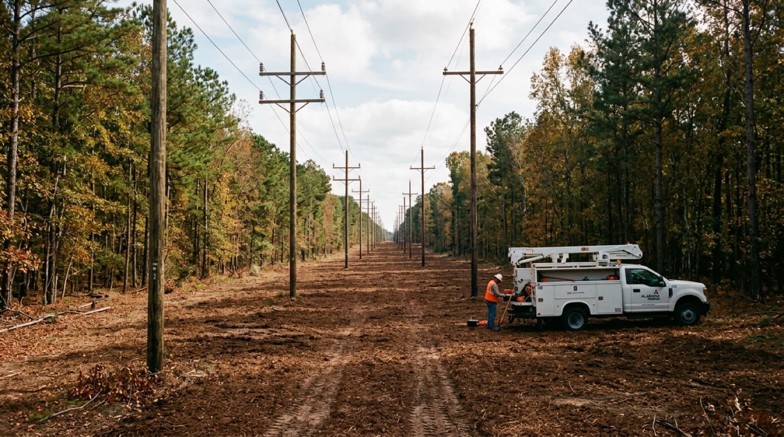 Cleared right of way corridor through dense brush for property access in Huntsville, AL
