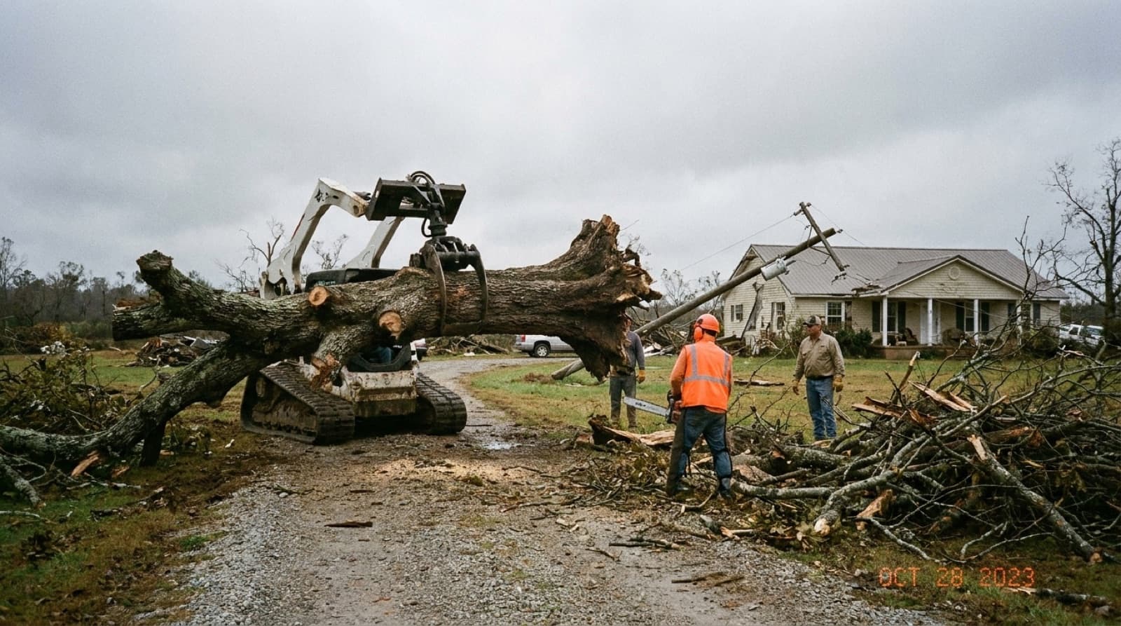 Crew removing storm-downed trees and debris from a Huntsville, AL property