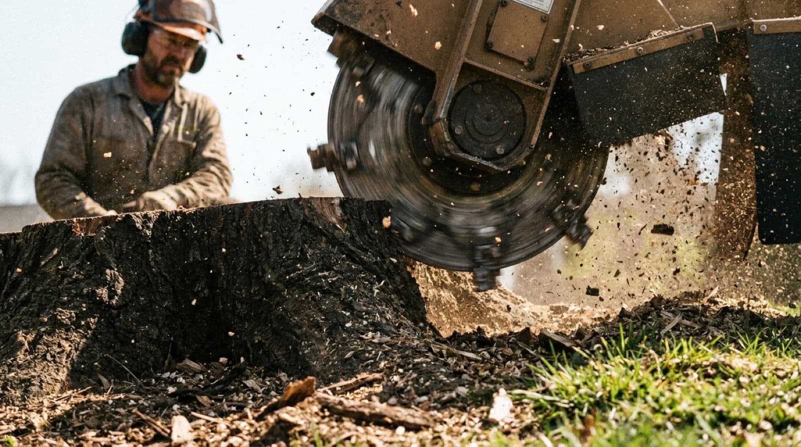 Stump grinder cutting a hardwood stump below grade in a Huntsville, AL yard