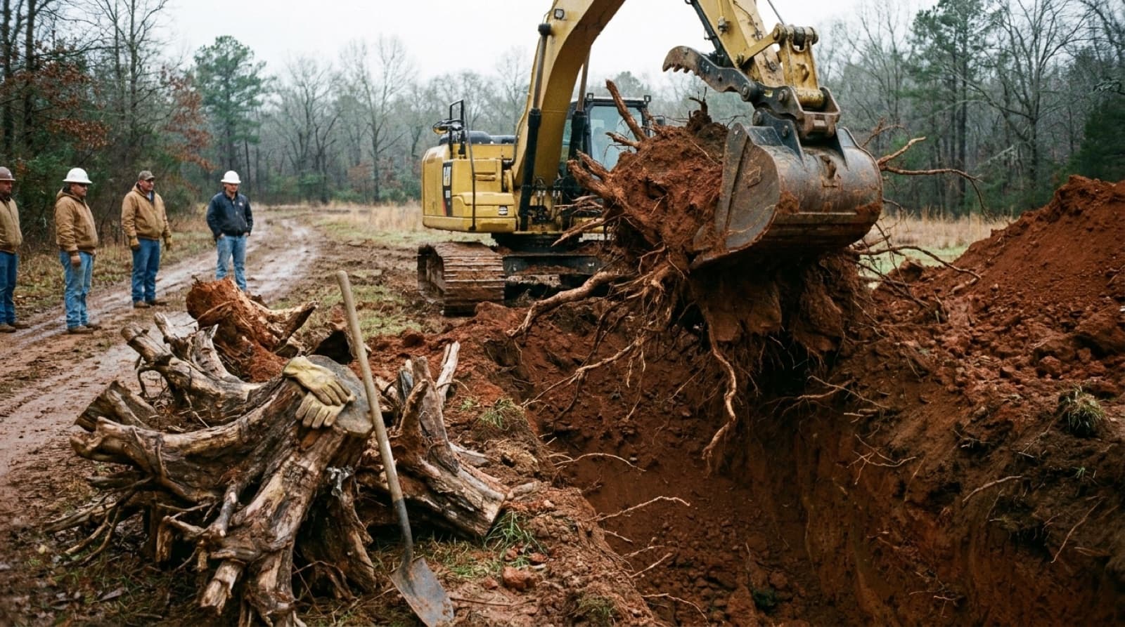 Excavator lifting a full stump and root ball out of the ground in Huntsville, AL