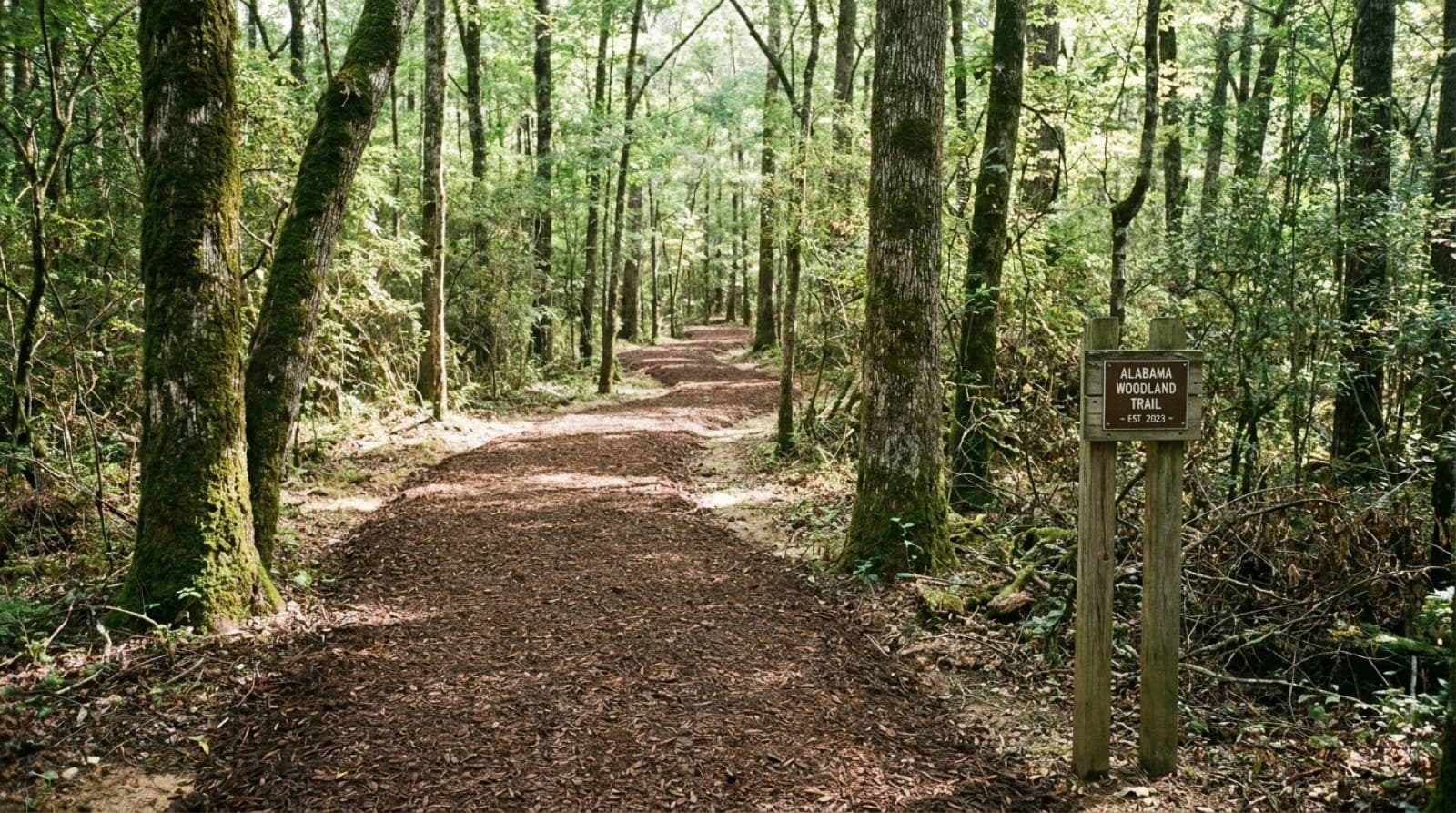 Freshly cut mulched trail winding through wooded property near Huntsville, AL